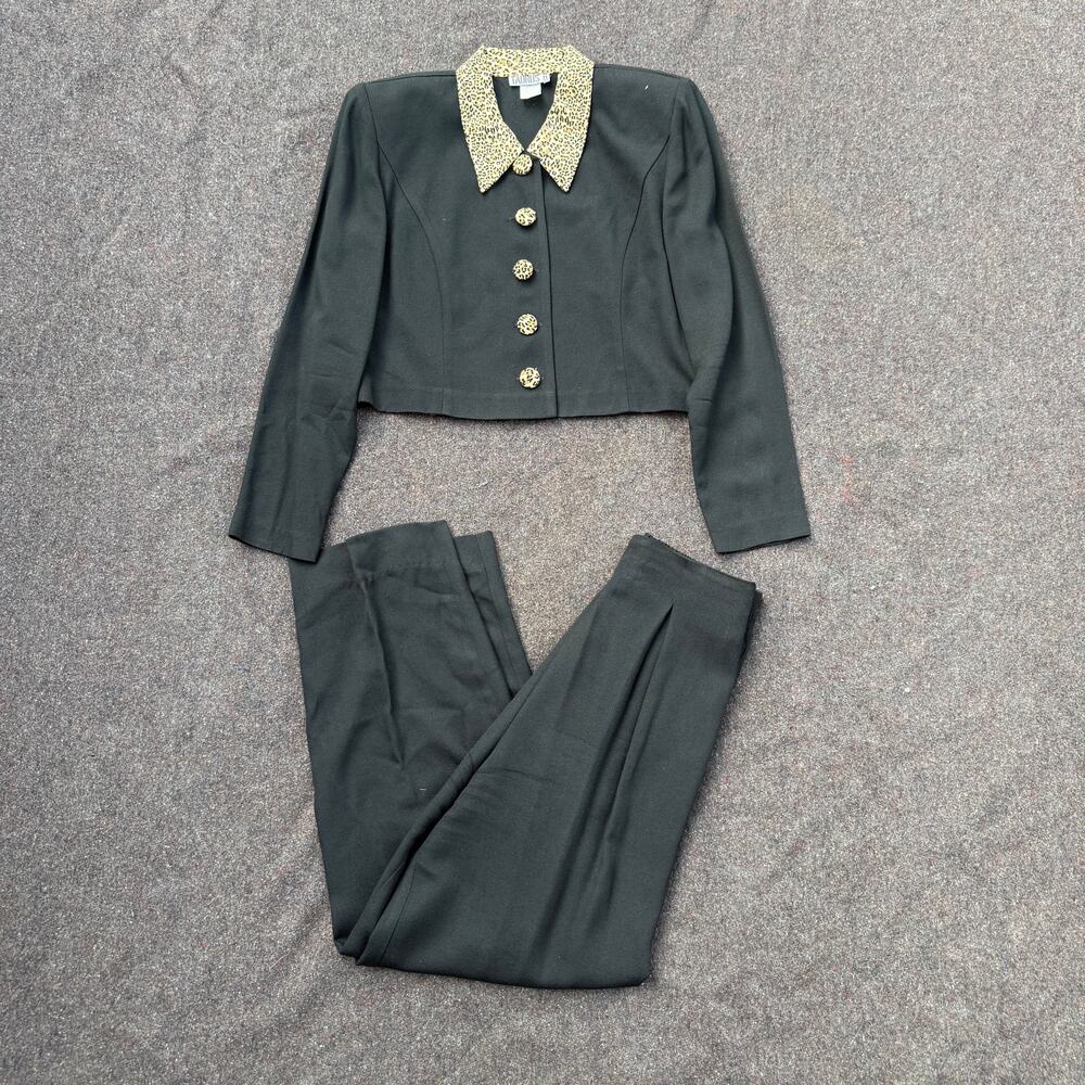 Women's Vintage 80's Taurus II Black Leopard High Waist Pant Suit Set Sz Small